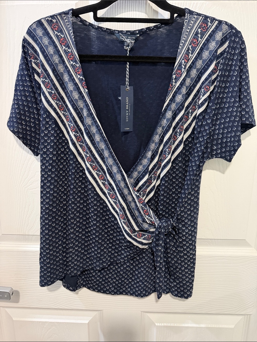 Lucky Brand Navy Blue Wrap-Front Short Sleeve Top with Stripe Trim